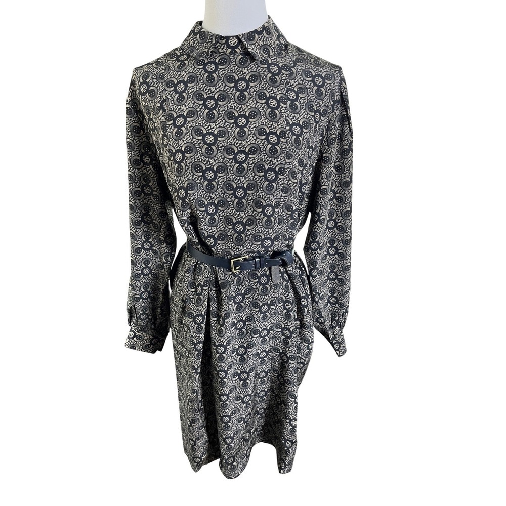 Argenti‎ Vintage Black White Tan Geometric Long Sleeve Shirt Dress 4P